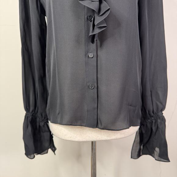 NWT Nili Lotan Black Silk Cecily Ruffle Front Blouse Top XS Button Romantic - Picture 3 of 11